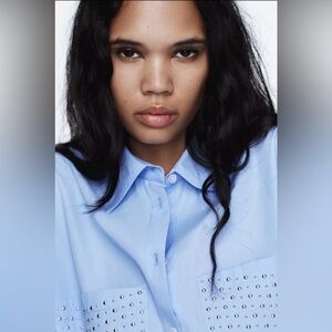 Zara Blue cotton button-up blouse w/Rhinestones On Pockets XL/Stunning
